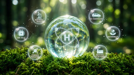 Stunning hydrogen energy concept sphere glowing brightly amidst vibrant green forest moss