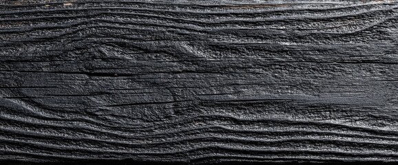 Close-up of charred wood texture with visible grain and natural patterns. Deep black surface