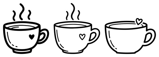 Hand drawn coffee cup set with heart symbol and steam Hot tea mug romantic vector illustration doodle