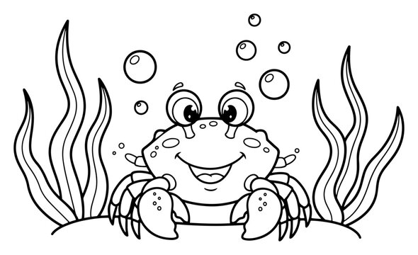 Cute smiling crab underwater with seaweed and bubbles vector illustration for children coloring page
