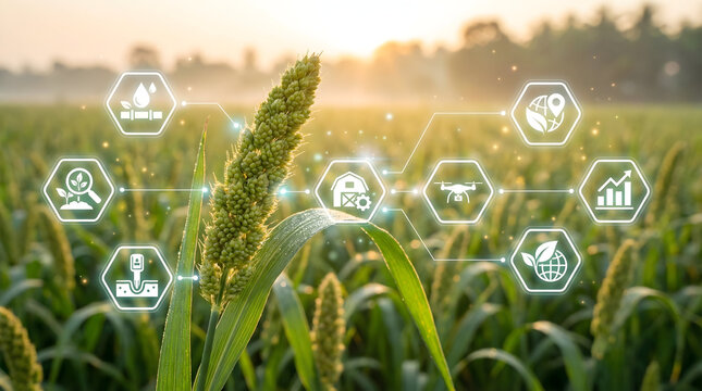 Stunning future farming concept showing smart agriculture technology over a vibrant green crop field