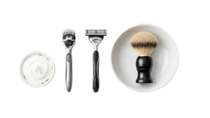 Minimalist shot of a razor cartridge and handle, shaving supplies, white backdrop