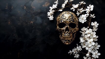 Halloween holiday promotion theme. Spooky scaring. A topdown view of a dark, textured surface with a golden skull and white flowers. The skull is intricately designed with gold detailing.