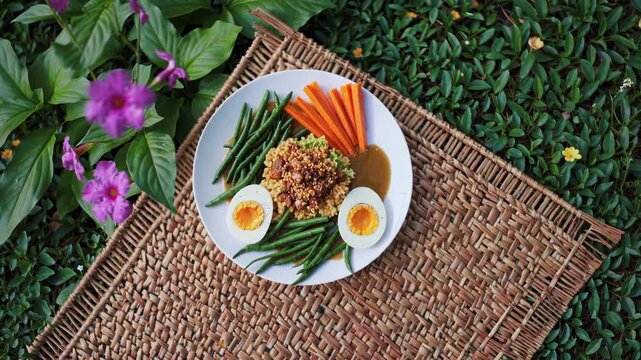 Vibrant plate of gado gado featuring colorful vegetables, eggs, and sauce, captured in a series of frames showcasing gradual zoom in, enhancing the visual appeal of the dish and its presentation