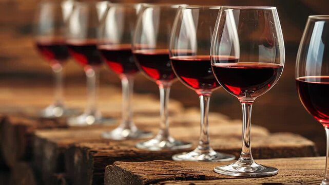 Refined Red Wine Lineup: A sophisticated arrangement of crystal wine glasses, each filled with rich red wine. The glasses are arranged artfully.