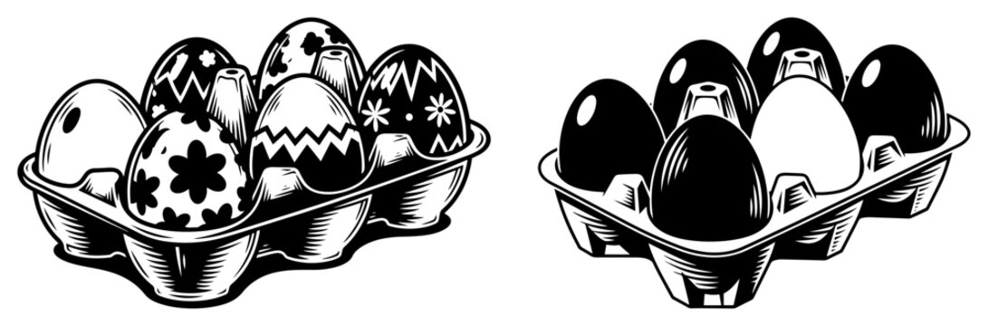 Easter egg carton vector set featuring painted and plain chicken eggs in paper box packaging in vintage silhouette style