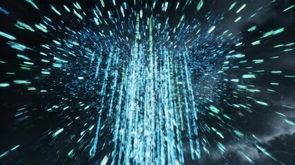 Woman in black suit lifting glowing digital globe of binary code. Futuristic cyber world and data visualization concept. Sci-fi technology innovation in dark cloudy sky setting for virtual reality - Powered by Adobe