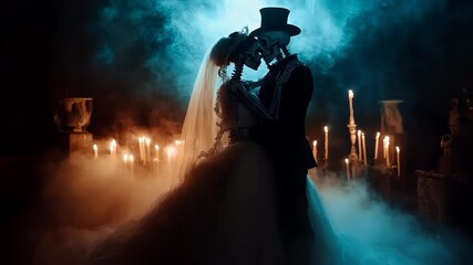 Halloween holiday promotion theme. Spooky scaring. A Day of the Dead themed wedding scene featuring a bride and groom in a romantic embrace. The bride is adorned in a white wedding gown with a veil.