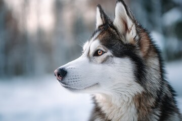 Fototapeta premium Majestic dog with striking fur gazes intently to the side in a snowy outdoor setting, showcasing its sharp ears and expressive eyes, creating a serene and captivating portrait