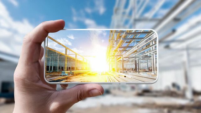 Hand holding smartphone displaying Augmented Reality (AR) or BIM visualization of a construction site with steel framework and sun flare, symbolizing future construction technology.