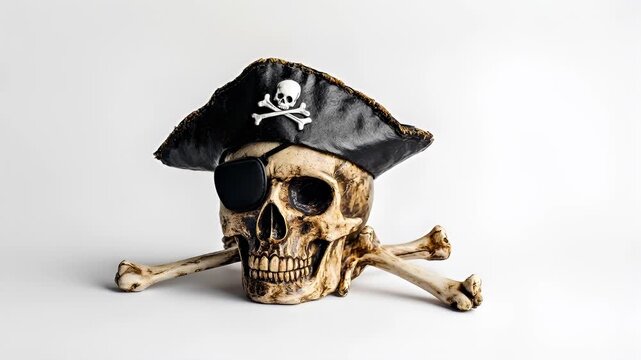 Halloween holiday promotion theme. Spooky scaring. A skull with a pirate hat and crossed bones, set against a plain white background. The skull is adorned with a black eye patch.