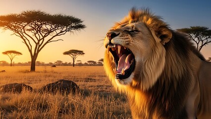 A powerful male lion roars loudly in the golden light of an African savanna with acacia trees at sunrise.