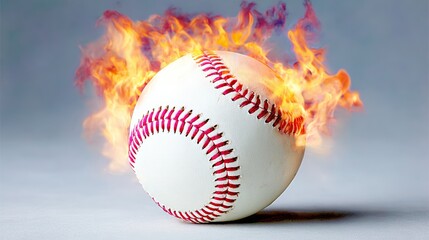 A baseball with a red and white stripe is surrounded by fire. Concept of danger and excitement, as the ball is on fire and the flames are close to it