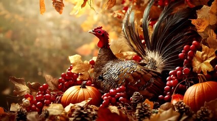Thanksgiving holiday promotion theme. A vivid portrayal of a turkey amidst autumnal foliage and fruits. The turkey is the central focus, surrounded by a rich tapestry of red, orange, and brown hues.