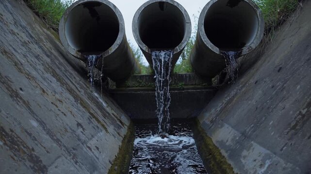 Industrial water flow scene showcasing three drainage pipes releasing water into a channel, with gradual camera zoom in capturing dynamic movement and of flowing water emphasizing environmental impact