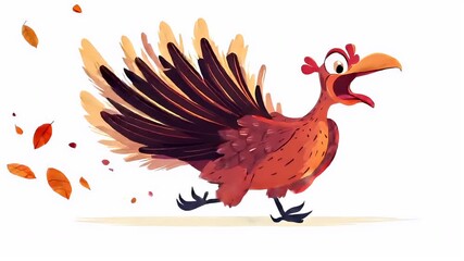 Thanksgiving holiday promotion theme. A vibrant illustration of a rooster in midflight, with its wings spread wide. The rooster is painted in a mix of red, brown, and beige hues.