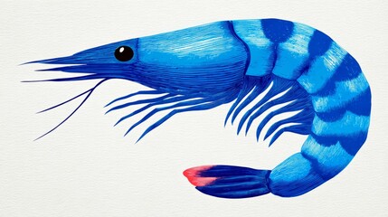 A blue and white shrimp with red tail. The shrimp is drawn in a stylized way, with a blue and white color scheme