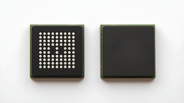 Two microchips side by side showing Ball Grid Array connections and a smooth black integrated circuit component