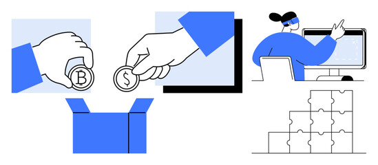 Cryptocurrency concept. Illustration showcases digital transactions and financial technology using Bitcoin and Dollar coins. Cryptocurrency highlights evolving digital payments. For fintech, online