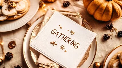 Thanksgiving holiday promotion theme. A closeup of a table setting with a white napkin that says GATHERING with gold snowflake embellishments. The napkin is placed on a gold rimmed plate.
