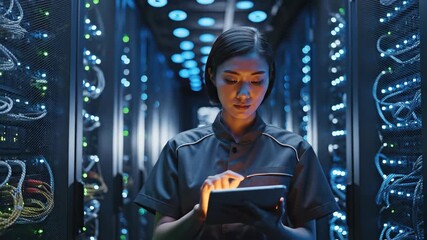 Asian woman engineer in server room holding tablet and examining data racks. Data center maintenance and digital infrastructure concept. Futuristic technology and network security visualization - Powered by Adobe