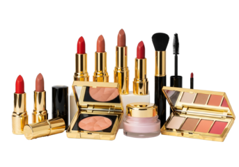 Luxury makeup collection with lipsticks, eyeshadow palette, blush, and mascara, elegant golden packaging, studio product shot png isolated on transparent background