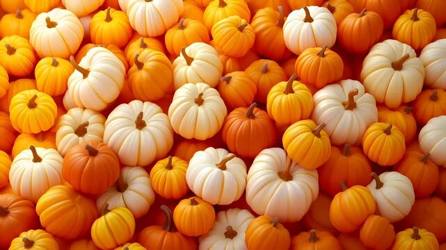 A closeup view of a vibrant orange and white pumpkin field. The pumpkins are densely packed together, creating a warm and inviting atmosphere. The texture of the pumpkins is smooth and glossy.