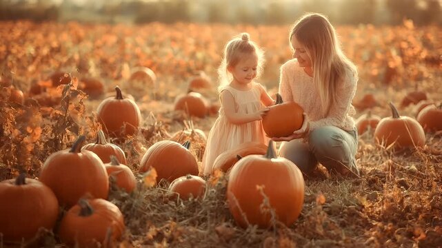A family in a pumpkin patch during the golden hour, with the sun casting a warm, golden hue over the scene. The main subject is a woman and a young girl.