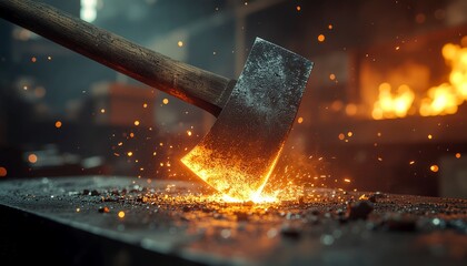 Blacksmiths axe struck steel, creating bright sparks in the forge. Suitable for industrial, craftsmanship, and metalworking themes.