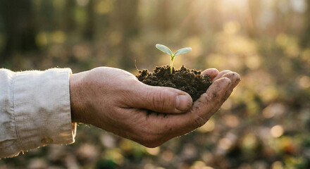 Hands Holding Soil with Green Seedling in Forest
