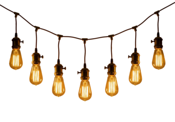 String of vintage Edison style light bulbs glowing with warm light, decorative element for ambiance png isolated on transparent background
