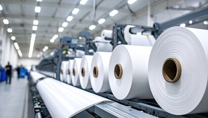 Industrial machinery with large rolls of white material ready for production in a modern manufacturing factory.