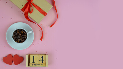 Wooden Calendar with Coffee and Gifts, Valentines Day Background