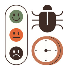 Traffic light-style feedback faces, bug icon, and analog clock emphasizing customer feedback, debugging, and task timing. Ideal for software evaluation, productivity, troubleshooting, workflow user