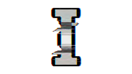 Glitch VHS letter I with warped frame corruption and retro noise on white background
