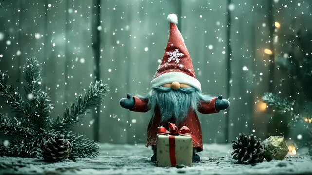 snowy forest scene with a gnome holding a gift box in the foreground. The gnome is dressed in a festive red and white outfit with a matching hat.
