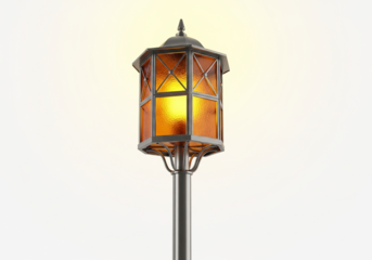 Vintage outdoor garden lamp with amber glass panes, ornate metalwork, and a warm yellow glow, illuminating pathways at dusk, png isolated on transparent background