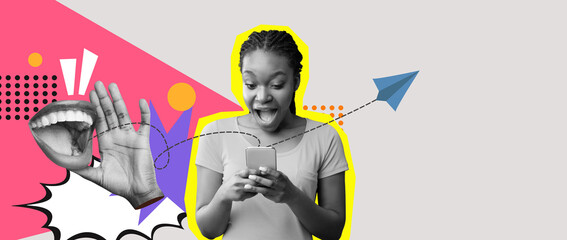 A woman expresses joy while using her mobile phone, surrounded by a lively collage featuring vibrant colors and graphic elements. The scene captures the excitement of modern communication.