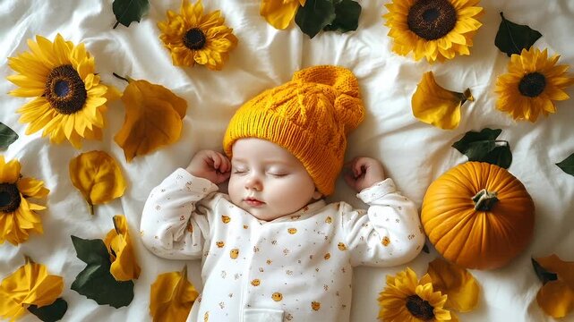 A closeup of a baby lying on a white sheet surrounded by sunflowers and autumn leaves. The baby is wearing a white onesie with a pattern of small yellow flowers and a yellow knitted hat.