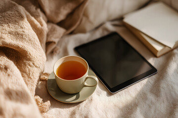 Warm cup of tea beside a tablet and books on a cozy blanket during a relaxed morning