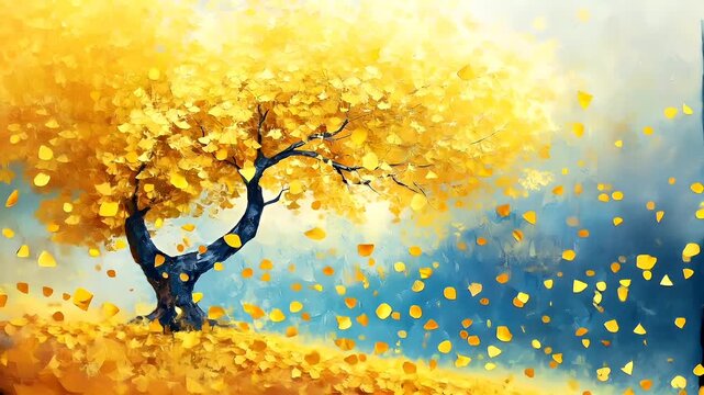 A vivid, abstract painting of a tree with yellow leaves. The style is impressionistic, with a focus on capturing the essence of the scene rather than intricate details.