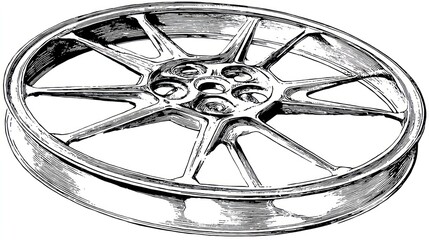 A detailed, monochrome illustration of a metallic wheel, intricately designed with spoke-like structures