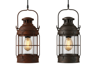 Rustic hanging industrial style pendant lanterns with Edison bulbs for vintage home decor png isolated on transparent background