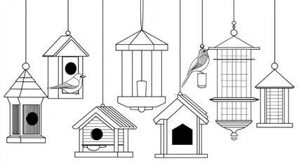 Line art of various bird feeders, some with birds, hanging by strings