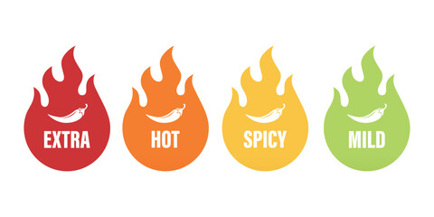 Vector Spicy Level Emblems, Icons with Chili Pepper in Flame Shapes. Extra Hot, Hot, Spicy and Mild Labels for Food Packaging, Menu Tags, Sauce Labels or Restaurant Spiciness Indicator, Vector Set