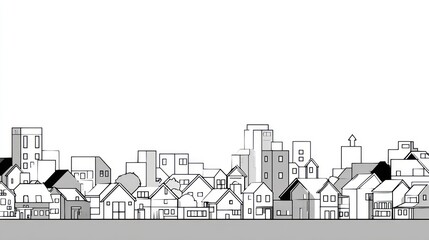 Fototapeta premium Black and white illustration of a cityscape with various buildings, houses, and an empty sky