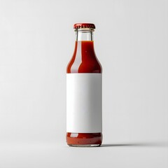 A clear glass bottle filled with red sauce, featuring a blank white label and a red cap, against a plain white background.