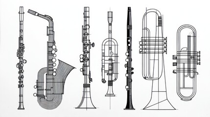 Fototapeta premium Black and white illustration of seven different wind instruments