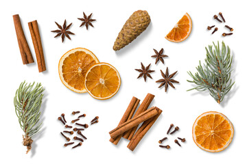 Set of traditional mulled wine or vin brule spices including dried orange slices, cinnamon sticks, anise and cloves, isolated on transparent background. Perfect for winter and Christmas design.
