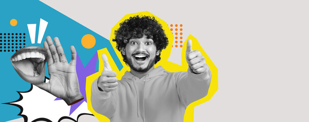 A vibrant collage showcases a young man smiling widely while giving a thumbs up. Colorful elements surround him, adding energy and joy to the artwork.